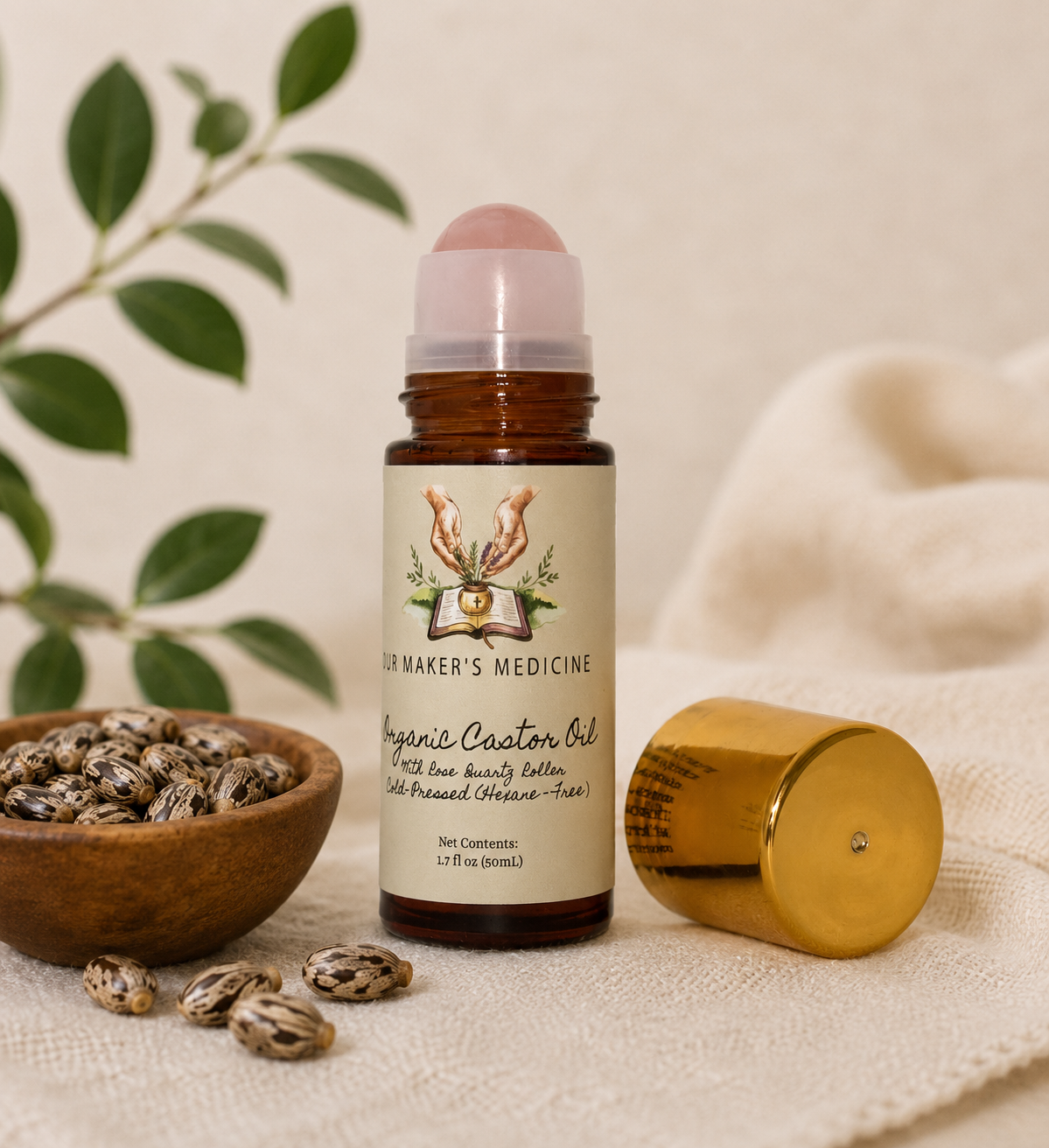 Organic Castor Oil ~ 50mL Rose Quartz Roller Bottle